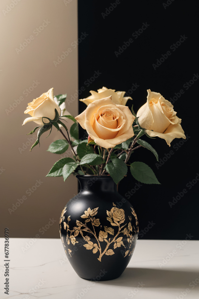 Fototapeta premium Beautiful flowers, yellow roses. Roses in vase on shelf against white wall. Valentines Day, Easter, Happy Women's Day, Mother's day.