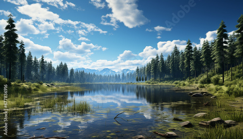 Tranquil scene of a mountain reflecting in water generated by AI