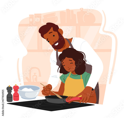 In A Cozy Kitchen, A Father Patiently Guides His Daughter Through The Art Of Cooking. Characters Sharing Precious Moment