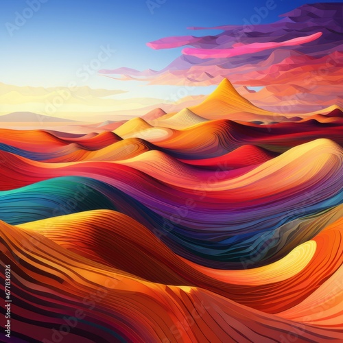 Vibrant colorful abstract background with dunes and waves in blue hour after sunset.