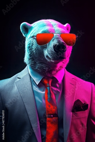 Portrait of humanoid polar bear in suit with sunglasses. Businessman surreal creative concept. 