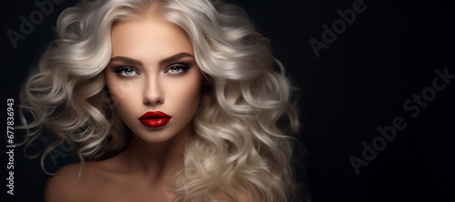 Gorgeous woman with voluminous blonde hair and striking eyes. Cosmetics, beauty and hair styling