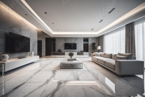 spacious minimalist home interior design of modern living room with marble tiled floor © Marko