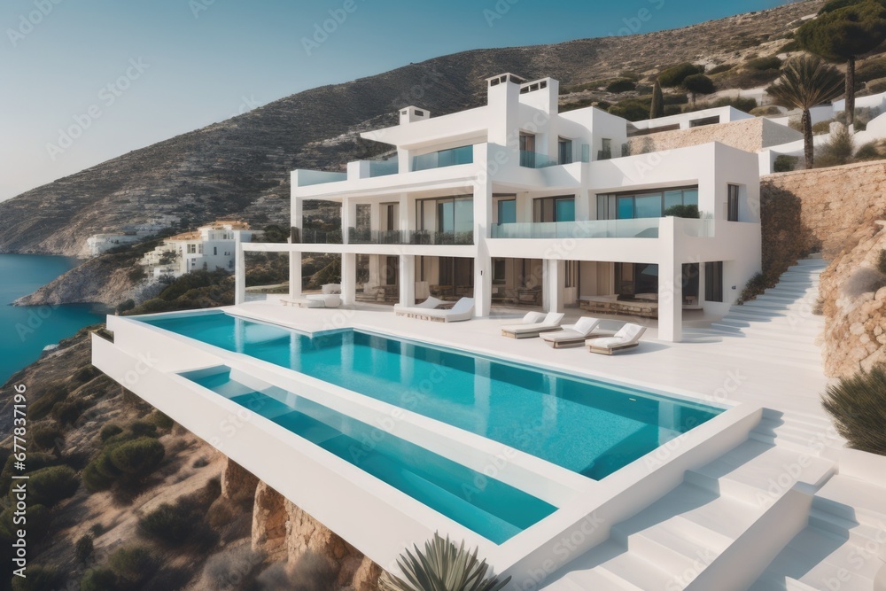 Obraz premium Traditional mediterranean white house with pool on hill with stunning sea view. Summer vacation background