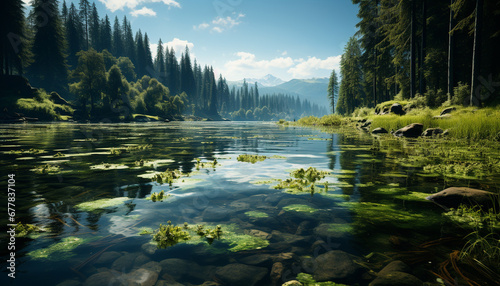 Tranquil scene of green forest reflects in pond generated by AI