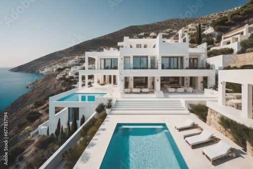 Traditional mediterranean white house with pool on hill with stunning sea view. Summer vacation background © Marko