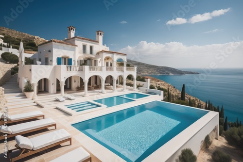 Traditional mediterranean white house with pool on hill with stunning sea view. Summer vacation background © Marko