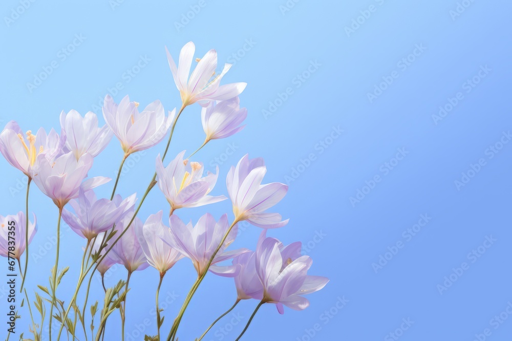 Obraz premium Light pink and white flowers in front of pastel blue background with copy space. Springtime design template. 