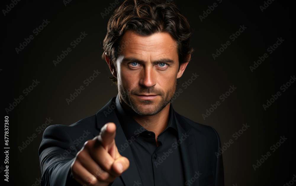 A businessman against a white background excited pointing with forefingers away