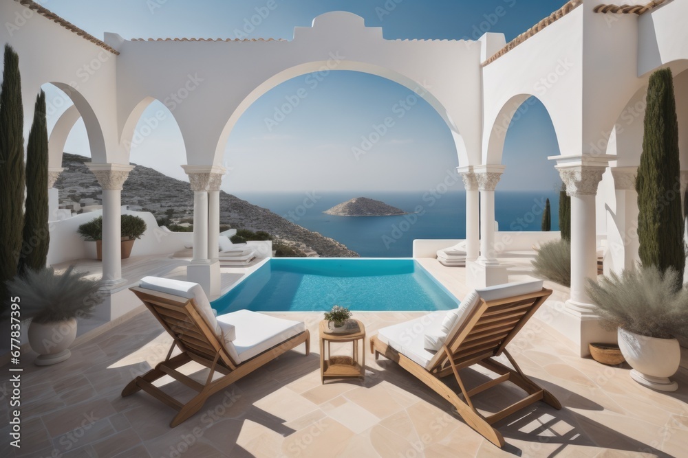 Fototapeta premium Two deck chairs on terrace with pool with stunning sea view. Traditional mediterranean white architecture. Summer vacation concept