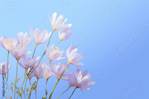 Light pink and white flowers in front of pastel blue background with copy space. Springtime design template. 