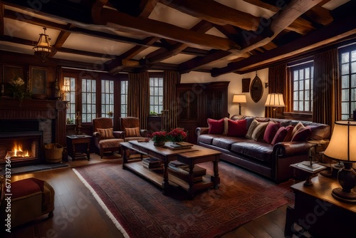 A cozy living room in a Tudor style house, with  wooden beams, antique furnishings, and the classic aesthetics of Tudor interior design