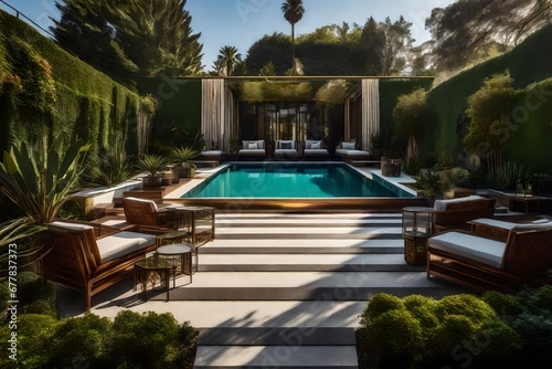 An Art Deco residence s private garden terrace  with symmetrical landscaping that complements the architectural beauty