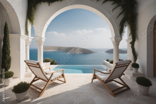Two deck chairs on terrace with pool with stunning sea view. Traditional mediterranean white architecture. Summer vacation concept