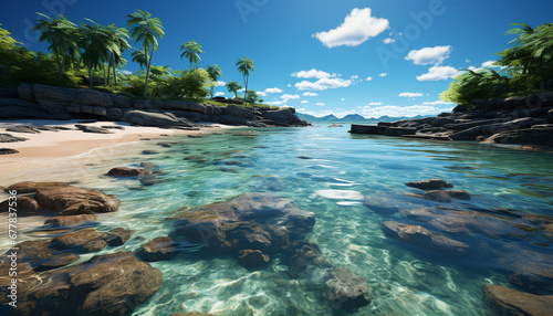 Tranquil scene of a tropical coastline with palm trees generated by AI