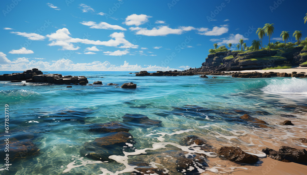 Tranquil seascape, turquoise waters, sandy beach, idyllic sunset generated by AI