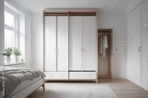 White wooden wardrobe in scandinavian style interior design of modern bedroom © Marko