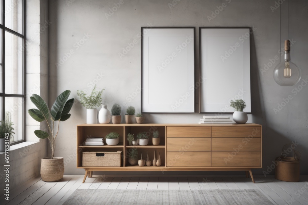 Wooden cabinet, dresser against concrete wall with empty blank mock up poster frame with copy space. Loft home interior design of modern living room Wooden cabinet, dresser against concrete wall with empty blank mock up poster frame with copy space. Loft home interior design of modern living room