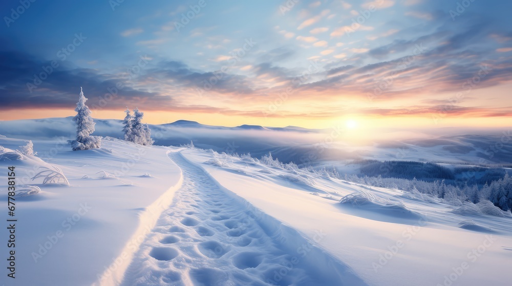 Snowy peaceful winter landscape with clouds over the snow Snowy peaceful winter landscape with clouds over the snow