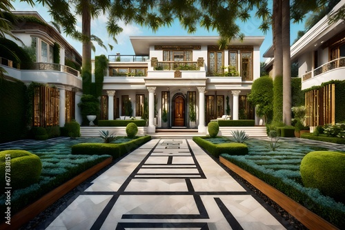 An Art Deco residence's landscaped garden path, surrounded by symmetrical landscaping and the classic beauty of the era