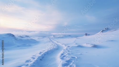 Snowy peaceful winter landscape with clouds over the snow