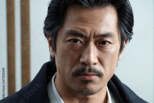 Asian man with mustache and beard looking serious and intense