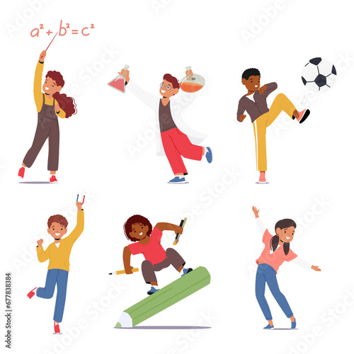 Children Learn School Subjects Such As Geometry, Physics, Chemistry Science, Music, Painting, And Sport