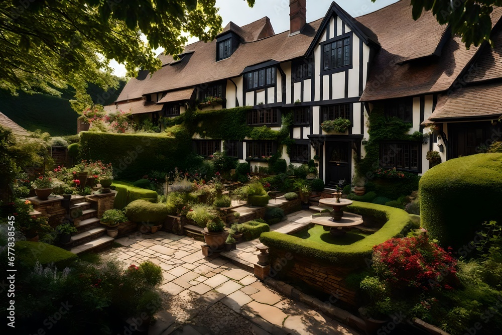 A Tudor style house's private garden oasis, with a quaint courtyard and lush landscaping that complements the architectural beauty