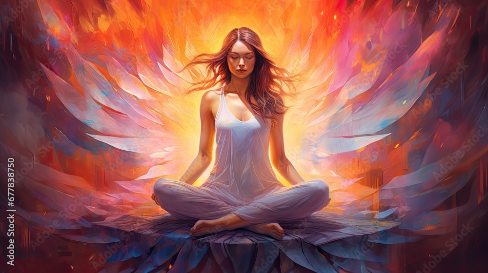 a woman with fiery wings meditates in the lotus position