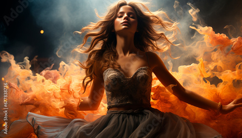 A beautiful young woman dances in the wind  radiating sensuality generated by AI