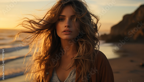 Young woman with long brown hair enjoying sunset generated by AI © Jemastock