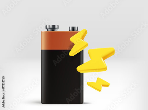 Charging concept. Battery with golden thunderbolts. 3d vector illustration