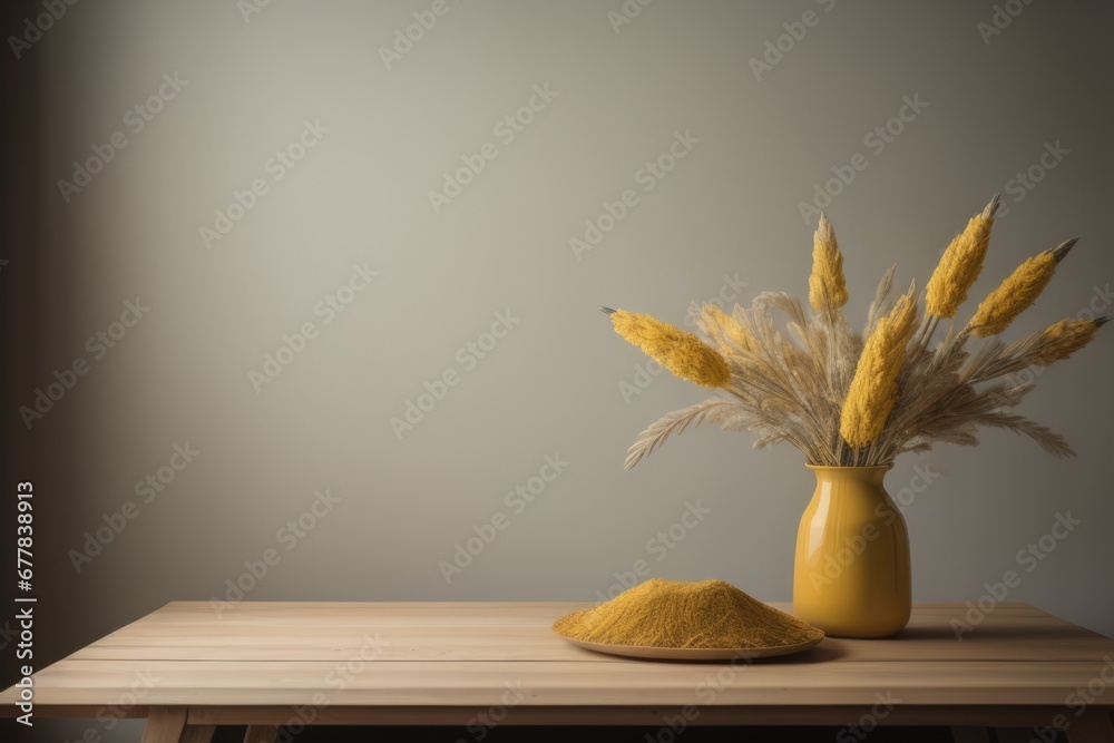 Wooden table with vase with bouquet of dried field flowers near empty, blank mustard wall. Home interior background with copy space