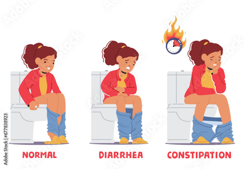 Infographic Illustrating Various Stool Forms In Children, From Healthy To Diarrhea And Constipation, Little Girl Poop