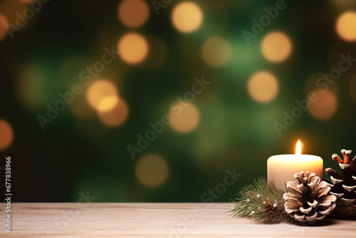 Christmas - Banner Of 1 candle and xmas ornament, Pine-cones And green Spruce Branches minimal green background and lights in the back, with empty copy space © Uwe