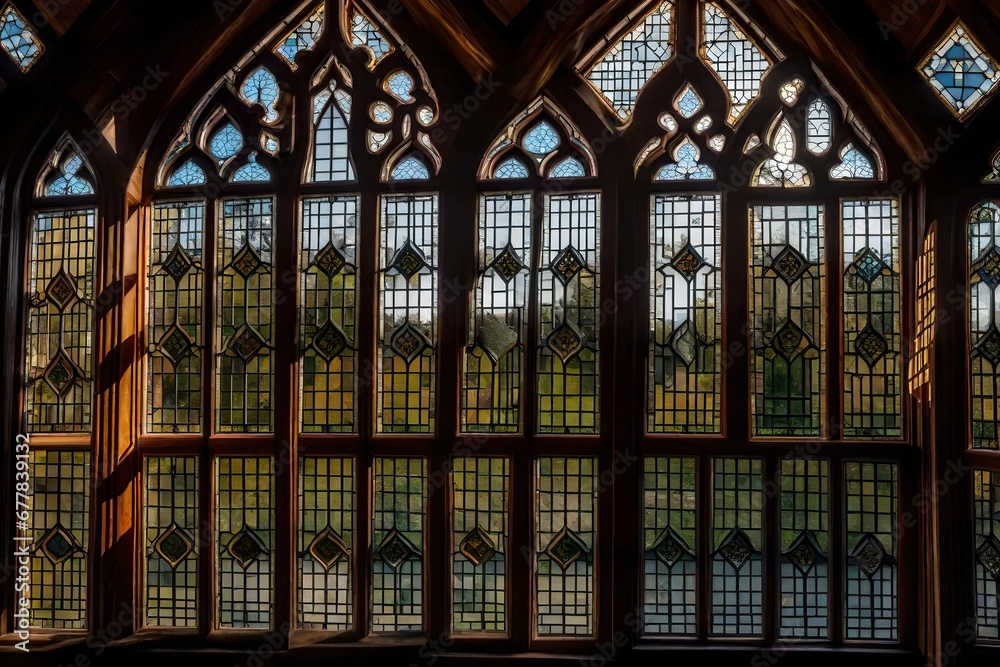 A view through the leaded glass windows of a Tudor style house, capturing the warmth and character of the interior