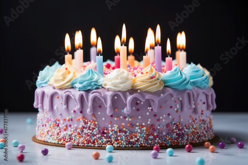 Colorful birthday cake with burning candles  sprinkles and icing. Dessert for celebration