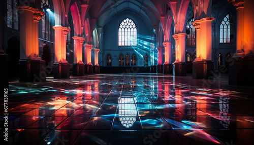 Ancient cathedral, illuminated stained glass, Gothic architecture, religious spirituality inside generated by AI