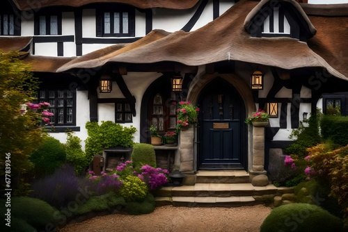 The welcoming entrance of a Tudor style house  featuring a picturesque thatched roof and a focus on historical architectural details