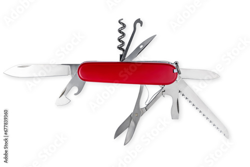 Multifunction army pocket folding knife isolated on white background