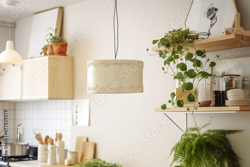 A cake-shaped chandelier hangs in a light kitchen