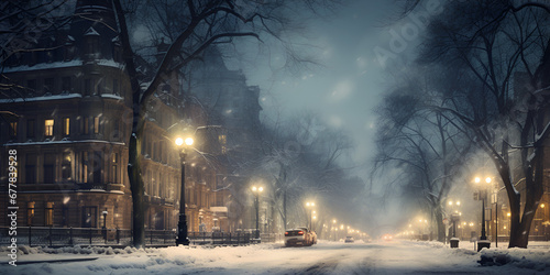 Winter snowy small cozy street with lights in houses, falling snow town night landscape.