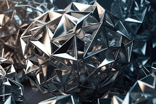 3D geometric shape background, abstract polyhedrons metallic hues casting dynamic shadows, mathematical complexity and modernity Sculpture stainless steel