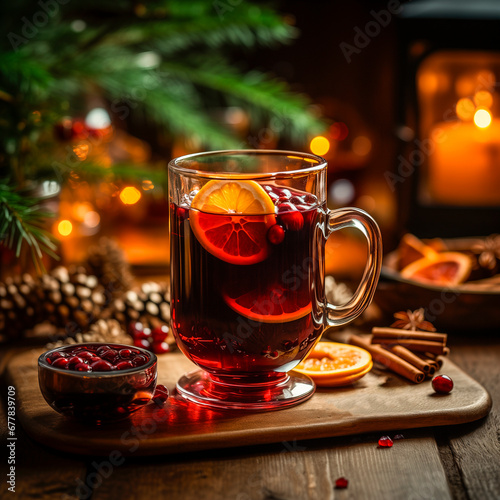 A cup of hot mulled wine, oranges and cinnamon sticks on a wooden table.
