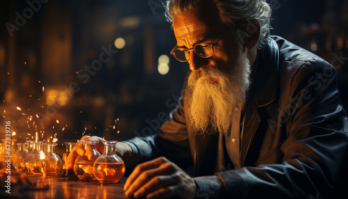 A smiling senior man enjoying a whiskey in a dimly lit bar generated by AI © Stockgiu