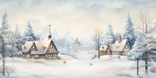 Watercolor winter landscape with wooden house in the forest. New Year Winter Background Merry Christmas and Happy New Year greeting  .Winter landscape with snow and Christmas trees.AI Generative