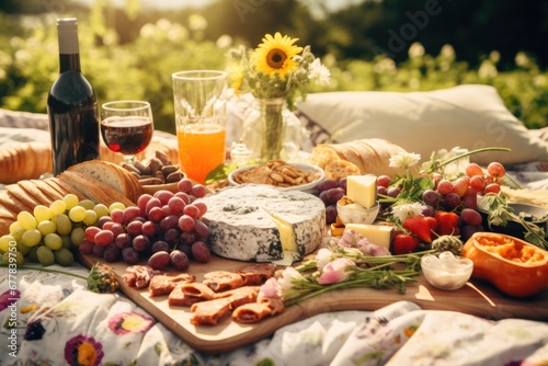 A picnic blanket with a bunch of food and a bottle of wine. Generative AI.