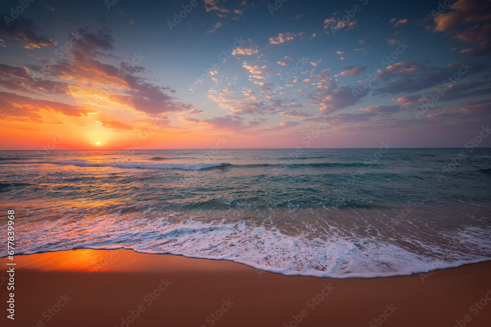 Tropical sunrise over ocean beach shore, exotic island seascape view, sea sunset landscape
