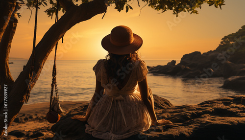 Young woman enjoying the beauty of a sunset generated by AI