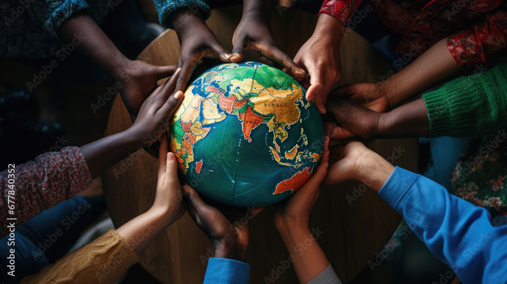 Multiple hands of diverse skin tones coming together to carefully hold a globe, symbolizing unity, diversity, and global cooperation - obrazy, fototapety, plakaty 